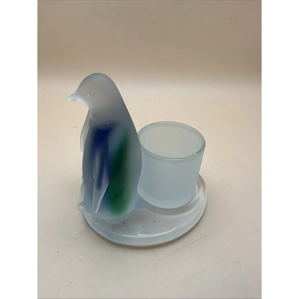 Vtg Partylite Penguins Candle Holder P7196 Frosted Satin Glass Votive Blue Green - Picture 3 of 6